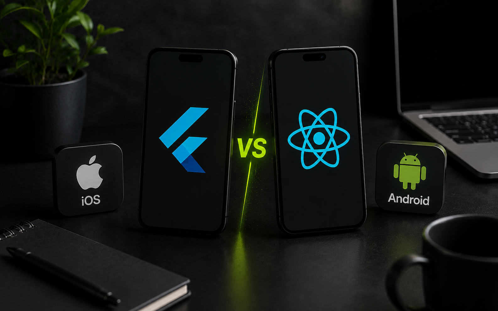 Логотипы Flutter и React Native рядом с иконками iOS и Android, символизирующие выбор технологии разработки